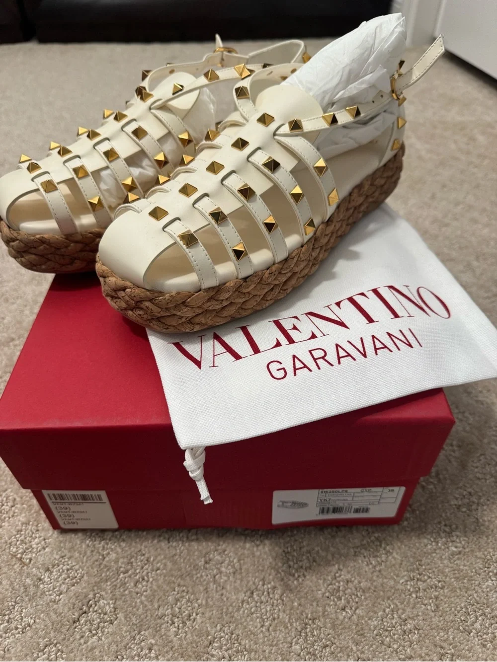 Valentino Garavani White Leather Studded Espadrille Sandals